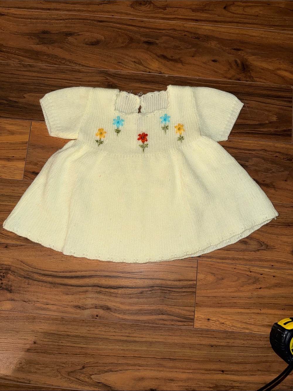 6m vintage 60s Hand-Knit Baby Dress with Floral crochet Embroidery light yellow